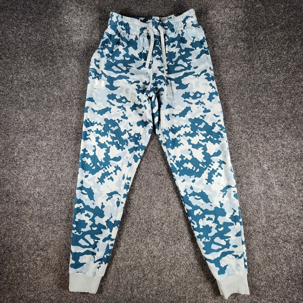 Under Armour Rival Joggers Mens Small Blue Camo ‎ Fleece Sweatpants 1382293